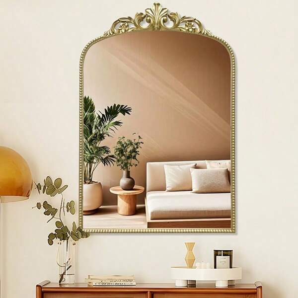 24"X36" Vintage Arched Vanity Mirror, Europejski styl dekoracyjne lustro ścienne do domu, łazienki, sypialni, kominka - szkło hartowane, rzeźbiony wzór