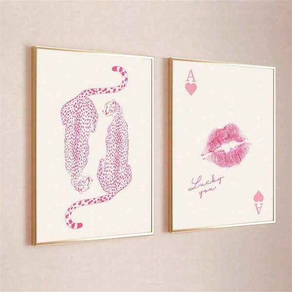 1 pieza/2 piezas Pintura en lienzo de arte de pared Animales rosas modernos Patrón de tarjeta de leopardo "A" Pósteres e impresiones para decoración del hogar Sala de estar Dormitorio Diseño de fondo Imagen Regalos divertidos Decoración de Halloween Navidad Año Nuevo Imagen opcional con marco