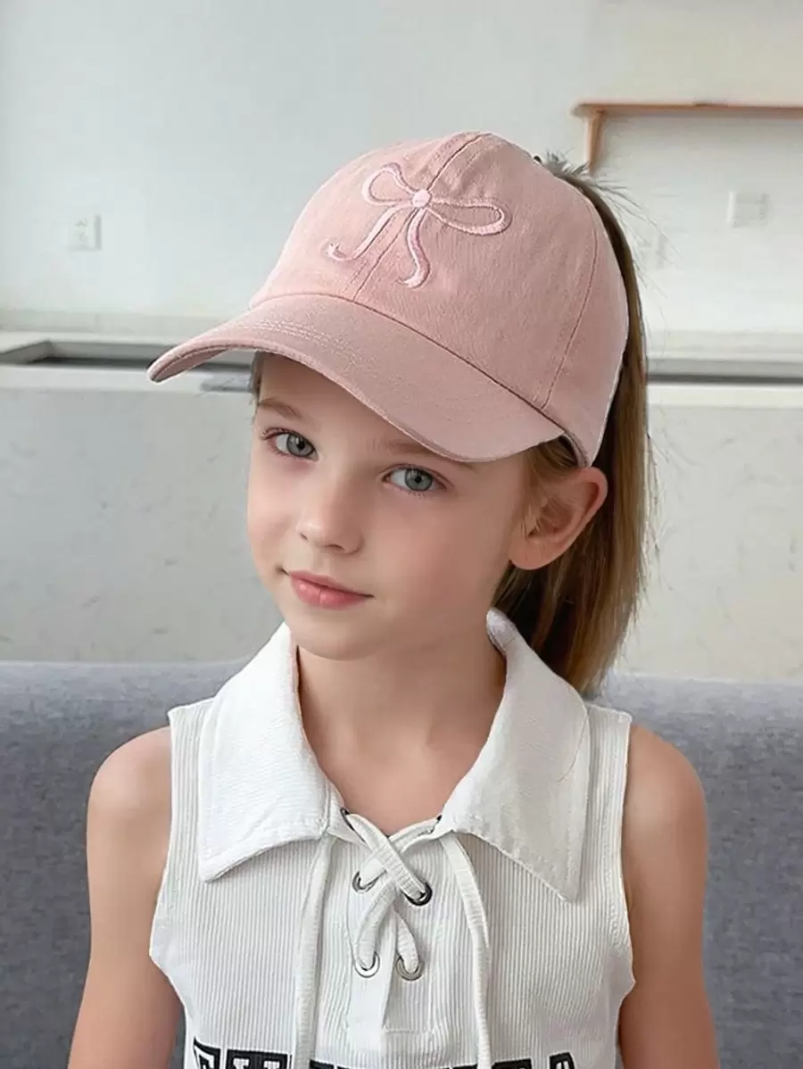 1顶儿童系马尾棒球帽，漂亮蝴蝶结帽，时尚遮阳帽，女童卡车司机帽，适合女孩日常休闲和户外海滩穿着