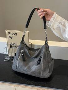 Matte Textured Large Capacity Fashionable Versatile Shoulder Bag, High-End Feel Beach Tote Handbag Shopping Bag - Black - View 4