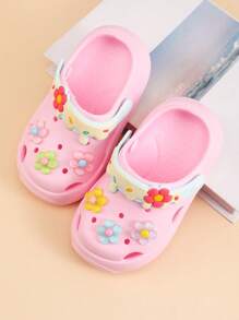 1 Par de Sandálias Slip-On Infantis Florais Vazadas de Resina, Sandálias de Estilo de Princesa Universitária, Planas, à Prova d'Água, Antiderrapantes, de Material EVA, Verão