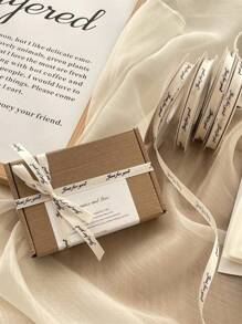 1cm Polyester Ribbon With English Letter Print Gift Wrapping Ribbon For Various Occasions Such As Flower Arrangement, Gift Packaging, Decoration, Etc. Mother's Day, Valentine's Day, Satin Ribbon - Beige - View 6