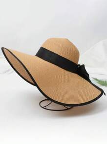 1pc Fashionable Wide Brim Straw Hat With Black Ribbon Decoration, Minimalist Style - Khaki - View 3