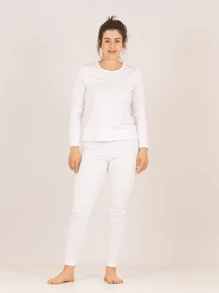 Women's Thermal Plush Flannel Set Blouse+Pants S To GG Lavin Basic 51-A - White - View 2