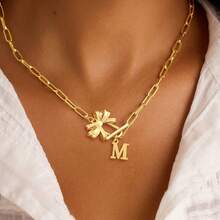 1pc New Fashion Golden Initial Pendant Bow-Knot Toggle Clasps Stainless Steel Paper Clip Chain Necklaces For Women - Yellow Gold - View 1