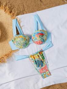 Random Paisley Print Padded Strap Bikini Top & High-Cut Brief, Women Bikini Set - Multicolor - View 3