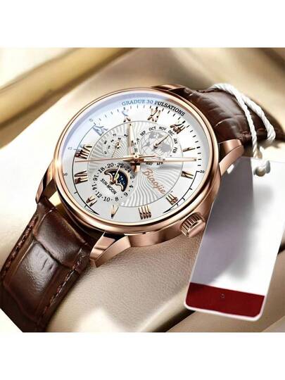 1pc PU Leather Strap Classic Three Eye Large Dial High End Business Quartz Watch, Wear