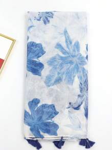1pc Women's Fashion Ditsy Floral Tasseled Elegant Scarf, Versatile For Beach, Shawl, Headwrap, Suitable For Vacation, Party, Dating, Travel - Blue - View 6