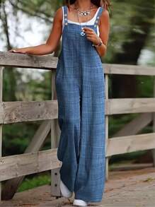 Women's European & American Style Sleeveless Button Pocket Jumpsuit