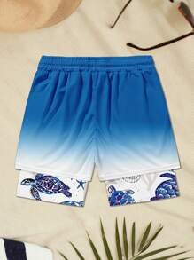 Men Turtle Printed Lining Casual Double Layer Beach Shorts,Hawaiian