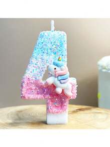 1 bunter Einhorn Kerze, blaue rosa digitale Kerze mit Pailletten, digitale 0-9 Geburtstagkerzen, geeignet für Geburtstagskuchen Dekoration, geeignet für Einhorn Themen Kuchendekorationskerzen, reine handgemachte DIY Kuchendekoration, die Position der kleinen Pailletten ist leicht unterschiedlich