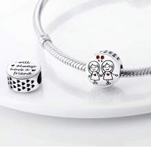 Mom & Daughter Design Heart Shaped Charm Bead, Fashionable Bead For Women & Girls, All-Match & Exquisite Jewelry For Birthday Gift - Silver - View 3