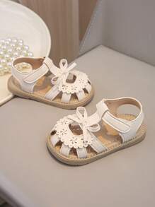 1 Pair Girls Bowknot Frill Decor Hook And Loop Soft Bottom Sandals, Anti-Slip Princess Style Closed Toe Flats, Summer