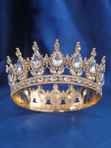 1pc Elegant Women Rhinestone Decor Crown Design Luxury Headband, For Decoration Royal Tiaras Valentine's Day Accessories - 金色 - 查看 5