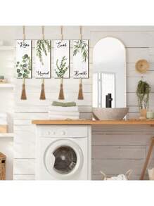 Set Of 4 Spring Summer Bathroom Wall Decor – Wooden Hanging Signs With Inspirational Quotes, Relax, Unwind, Soak, Breathe, Boho Floral Greenery Design, Natural Wood Wall Art With Tassels, Home Bathroom Decoration Room Decors Garden Decor Wedding Decor Home Decors