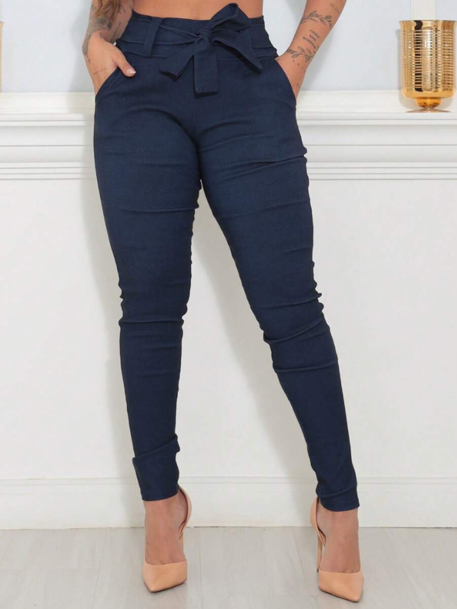 Women's Formal Pants With Lycra Clochard Bow Tie Slim Fit - 藏蓝色 - 查看 1