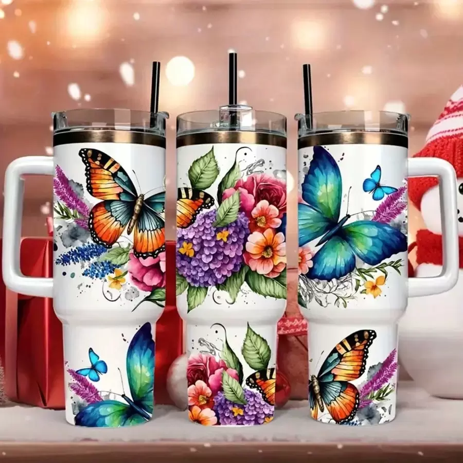 Butterfly And Floral Tumbler Wrap Transfer Paper Set, UV Printed 40OZ Insulated Cup Decals, Waterproof PVC, DIY Craft Supplies For Cups & Bottles, Ideal For Metallic Surfaces, Stripe Pattern - 1 Set Combo - Green - View 1