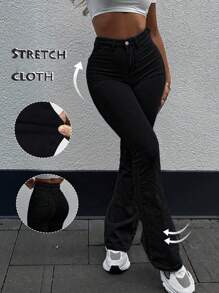 GILIPUR 新款Y2K喇叭牛仔裤，高腰修身弹力设计，优雅时尚，休闲街头风，复古秋冬春装，新年、情人节理想礼物，尽显精致休闲，完美适用于正式场合、休闲晚餐和音乐会。黑色 - 黑色 - 查看 3