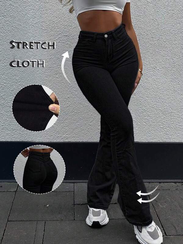 Jeans de corte bota para mujer de unicolor, de talle alto y elásticos, de uso casual y versátil