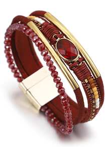 1pc Crystal Copper Tube Zirconia Green Multiple Colors Optional Artificial Leather Bracelet Women's Mother's Day Gift - Burgundy - View 4