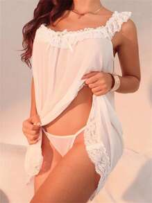 Women Sexy Nightdress Sleeveless Mesh Sheer Lace Trim See Through Bow Sleep Dress Sleepwear Loungewear With Briefs - 白色 - 查看 2