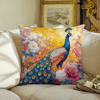 1 件复古优雅孔雀花卉图案抱枕套，单面桃色天鹅绒面料，18 英寸 X 18 英寸靠垫套，适合现代简约沙发、客厅装饰、礼物