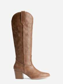 Embroidered Western Boots For Women Comfortable Chunky Heel Pull On Zipper Pointed Toe Knee High Boots Vintage Cowgirl Cowboy Ridding Vacation Boots - Brown - View 6