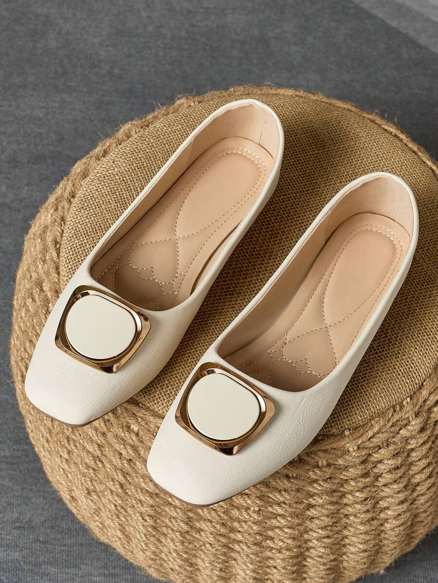 1 双女士平底鞋，新款时尚平底鞋，金属扣，软底舒适百搭一脚蹬鞋，杏色 - 杏色 - 查看 1