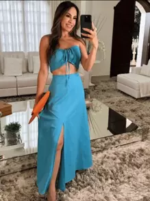 Striped Midi Set Midi Skirt And Cropped Top - Màu xanh lam - Xem 1