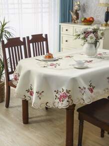 1pc Handmade Floral Embroidered Oval Tablecloth, European Polyester Oval Embroidered Cutwork Dust & Heat Resistant Tablecloth, Suitable For Dining Table, Coffee Table, Daily Home Use And Wedding/Party