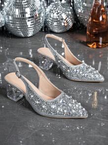 Women's Pointed Toe Crystal Heel Mary Jane Hollow Out Series Silver High Heel Shoes, Suitable For Going Out, Parties, Weddings And Other Events