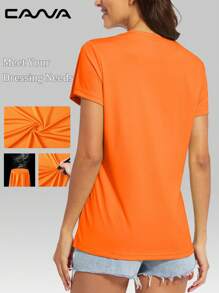 Cavva 女士夏季防晒 V 领 T 恤轻盈透气柔软短款速干运动春季上衣跑步高尔夫瑜伽骑行 - 橘色 - 查看 3