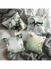 Set de 4 fundas de cojín y funda de almohada de felpa corta de poliéster con estampado floral verde fresco
