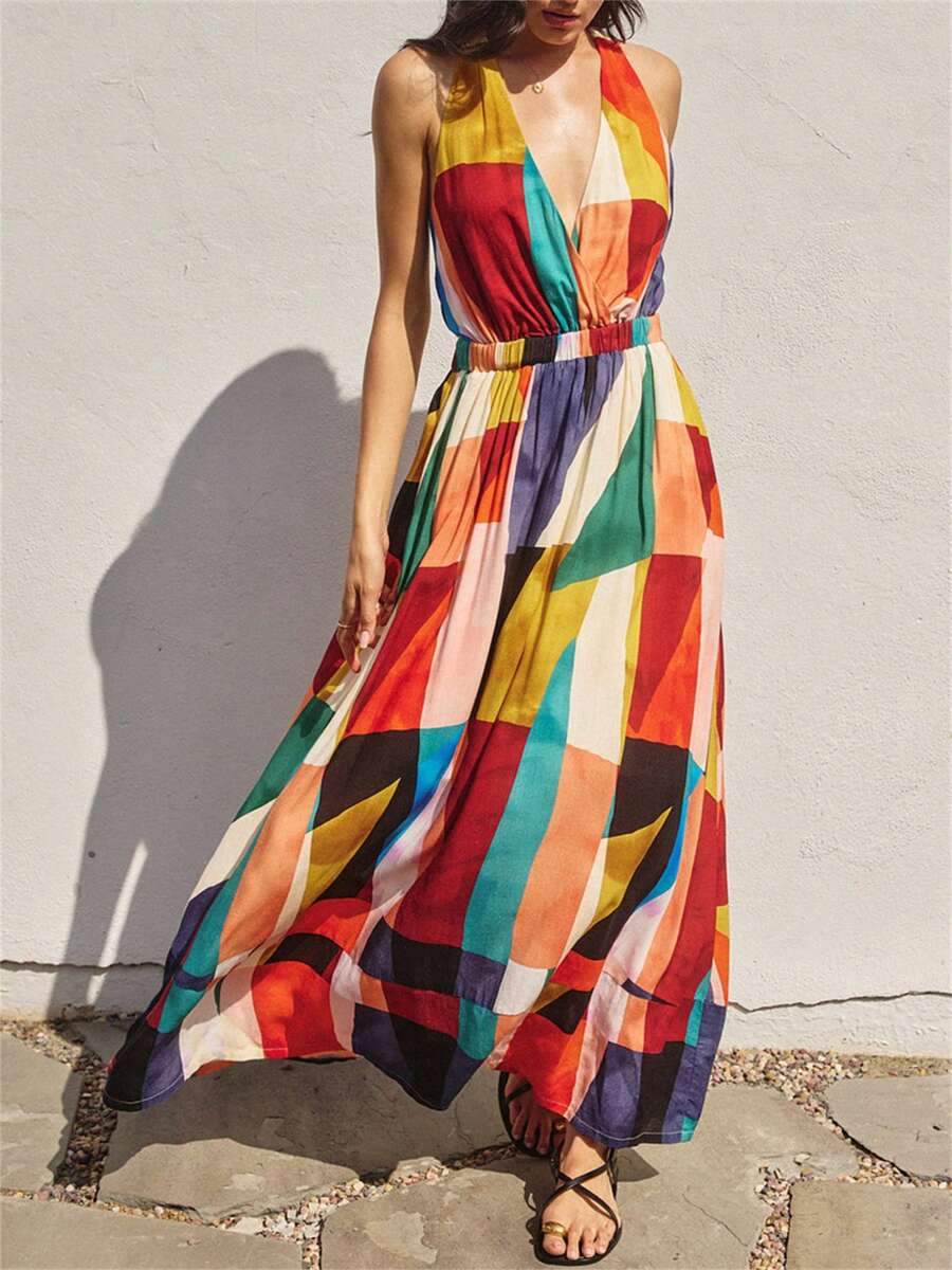 Women's Backless Beach Dress - Sleeveless Geometric Print Maxi Sundress With Deep V-Neck & Functional Pockets, Lightweight Poolside Cover Up For Resorts/Summer Vacations/Tropical Trips