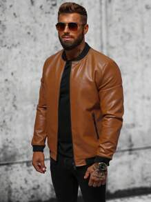 Men's Zip-Up Pu Leather Baseball Jacket With Long Sleeves - Brown - View 1