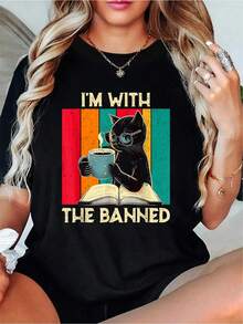I'm With The Banned Read Banned Books Lover BookWorm Print T-Shirt Casual Crew Neck Short Sleeve Comfort Tee Top For Spring & Summer Women's Clothing - Black - View 1