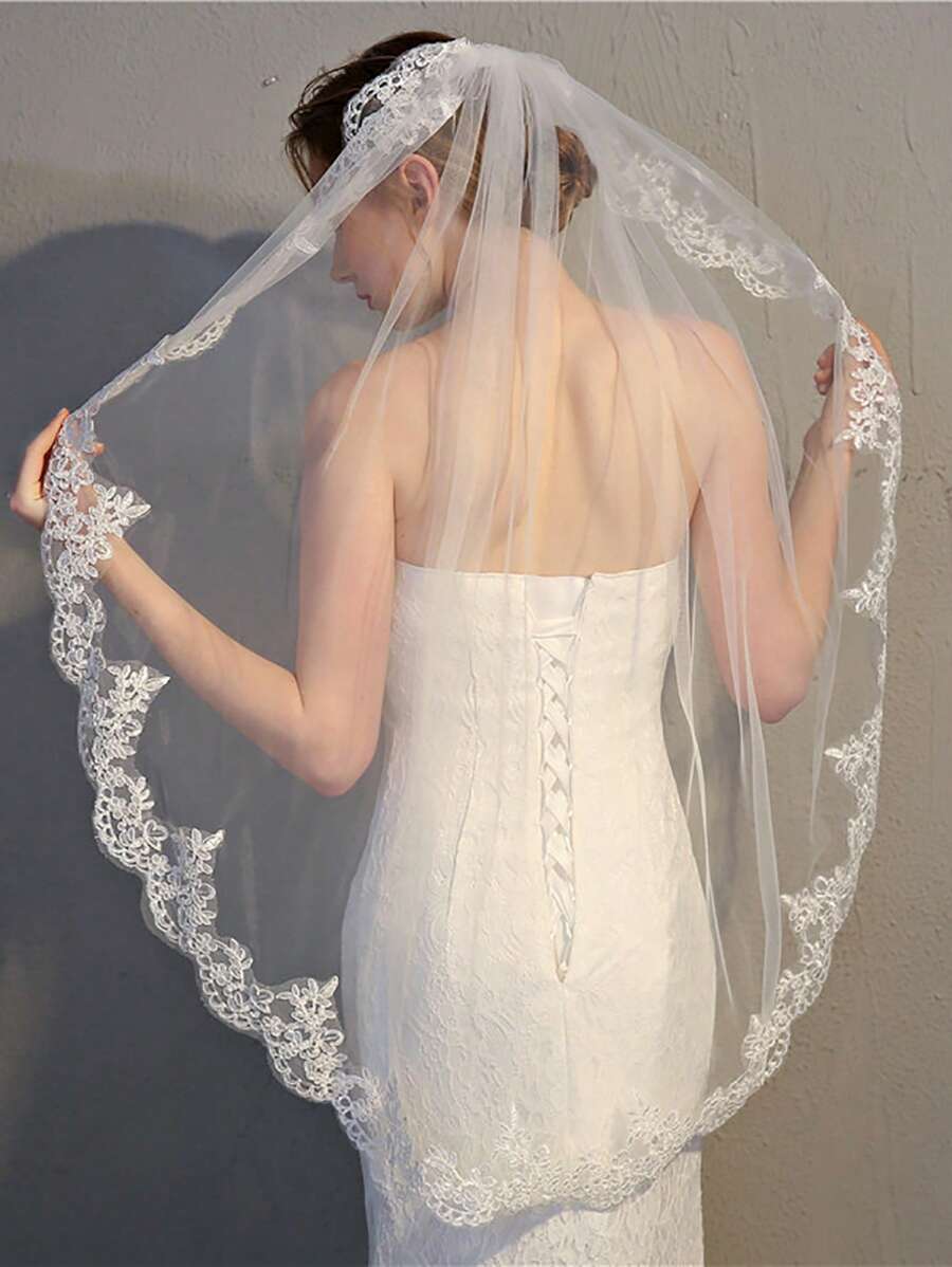 1 件简约短蕾丝面纱，新娘发饰带梳子秋季服装女士