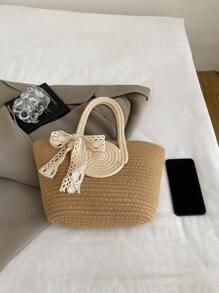 Two Tone Straw Bag Medium Double Handle Vacation,School Bag,Large Capacity,Portable,For Teen Girls Women College Students,White-Collar Workers,Perfect For Work, Back To School,Middle School,High School,College,Vacation, Vacation Bag For Summer, Beach Purse, Perfect For Summer, Vacation & Daily Use