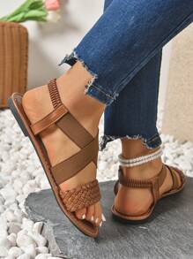 New Spring/Summer Fashion Women's Slip-On Slides, Stylish Casual Roman Style Slip-On Sandals In Black, Beige, Brown; Comfortable Flat Woven Beach Sandals; Blogger Recommended Thick Sole Sandals; Summer Beach Shoes; Elegant Buckle Low-Heel Round Toe Slides; Simple Non-Slip Outdoor Slippers; Versatile Flat Slip-On Sandals