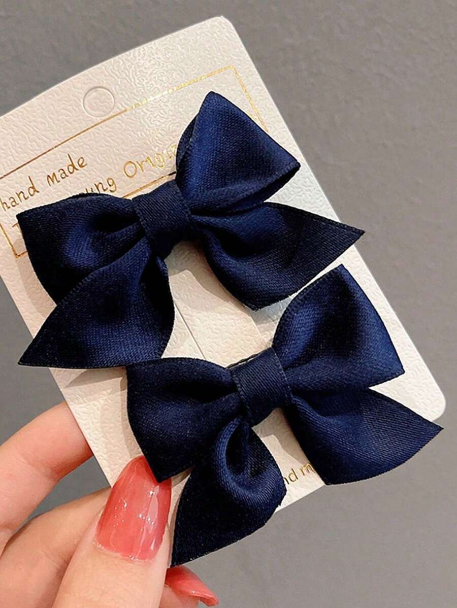 2pcs/Set Korean Style Bow Hairclips For Girls, Cute Small Size Barrettes, Hair Accessories For Toddlers & Kids - Navy Blue - View 1