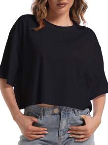 GEREARC Women's Casual Workout Gym Short Sleeve Crop Tops Loose Oversized T-Shirts - màu đen - Xem 1