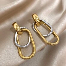 1Pair Double Circle Square Earrings Golden Dangle Earrings For Women Stainless Steel Earrings For Daily Party Birthday Christmas Jewelry Gifts