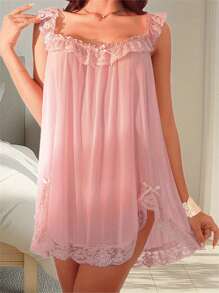 Women's Sleepwear Lace Nightdress Lace Trim Sleep Dress Vintage Nightgown Loungewear Pajamas With Briefs - 粉色 - 查看 4