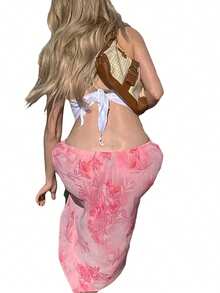 Women Half Dress, Floral Straight Loose Slimming Low Waist Summer Fall Pink Flowing Skirt - Rosa - Ver 4