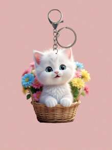 1 pieza Llavero de acrílico decorativo con diseño de gato y flor en estilo casual y adorable, accesorio encantador para mochila, colgar en el auto, accesorios de auto para todas las temporadas, bolso, regalo