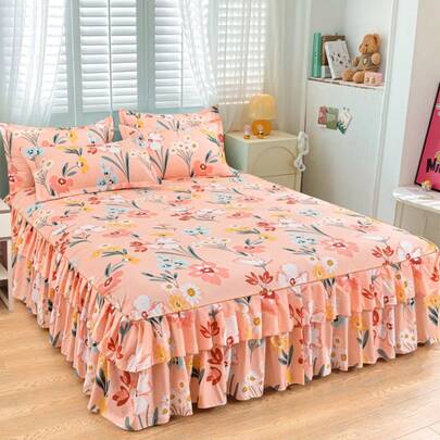 3 件套床裙套装（1 件床裙 + 2 件枕套），荷叶边床裙细节，柔软透气，适合卧室装饰床上用品