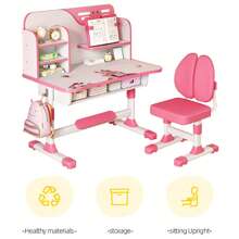 2Pcs/Set Premium Kids Study Desk Chair Set, Height Adjustable Children School Study Table Chair Set With Astronaut Pattern, Ergonomic Desk Chair With Large Writing Board, Bookshelf And Drawer - Pink - View 6