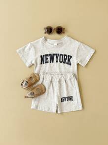 2pcs/Set Infant Boys' Casual Letter Print Short Sleeve T-Shirt + Shorts, Summer
