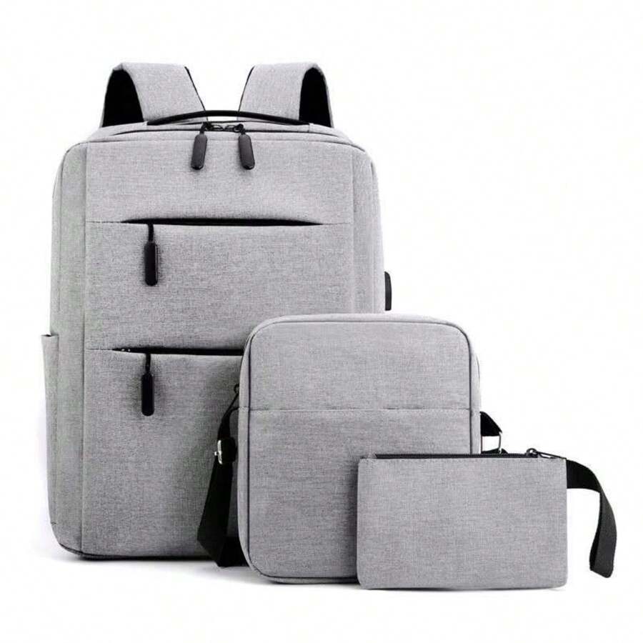 KIT3 Men's Business Backpack Three-Piece Schoolbag Multifunctional USB Charging Computer Bag - Grey - View 1