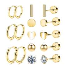 DAILI Set de 8 pares de pendientes dorados para mujer con múltiples perforaciones, de acero inoxidable y titanio, diseños con puntos, bolas, ópalo y circonita cúbica, calibre 20, conjunto de pendientes con aro y de botón con respaldo plano, aptos para pieles sensibles